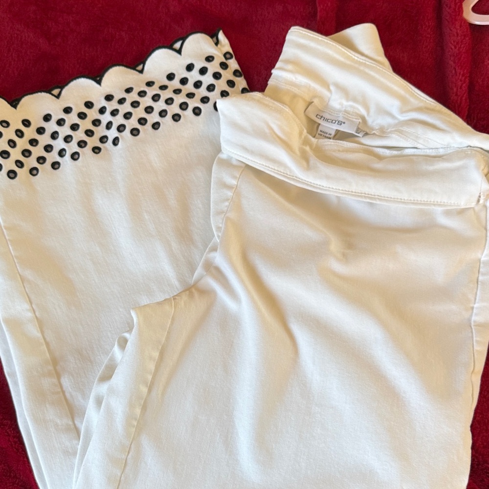 Chico's White Scalloped Hem Pants with Black Stud Accents